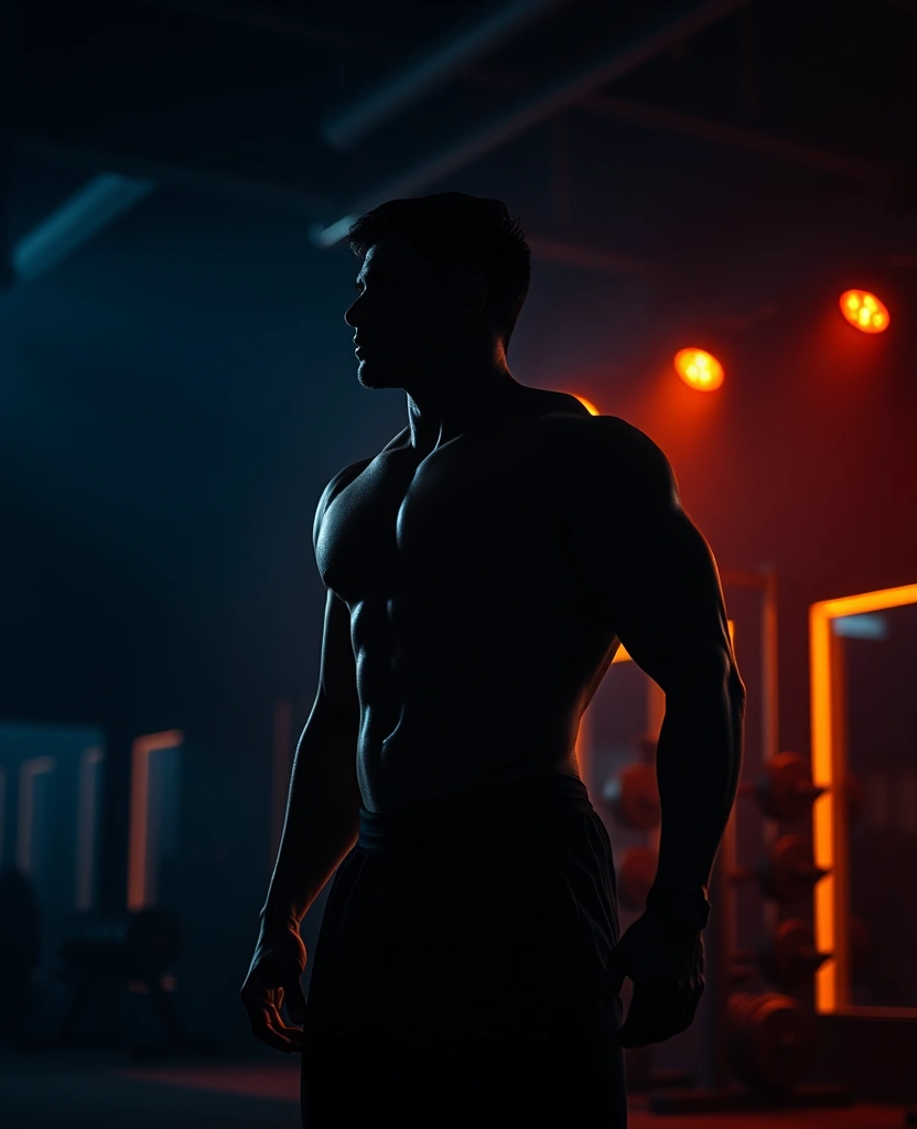 Iron Pulse gym interior with dramatic amber lighting